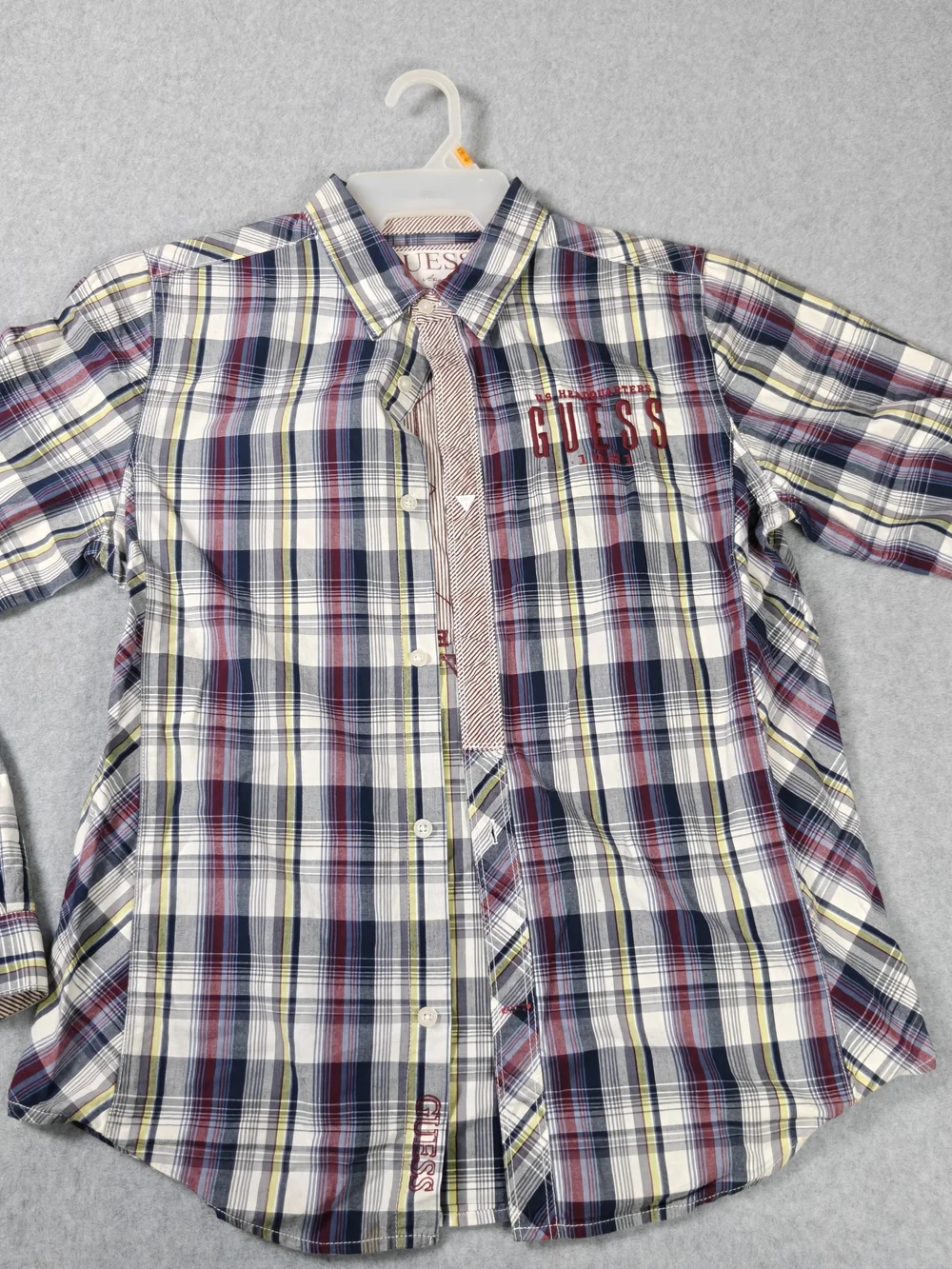 Guess Boys Plaid Button-Up Shirt in Navy, Red & White